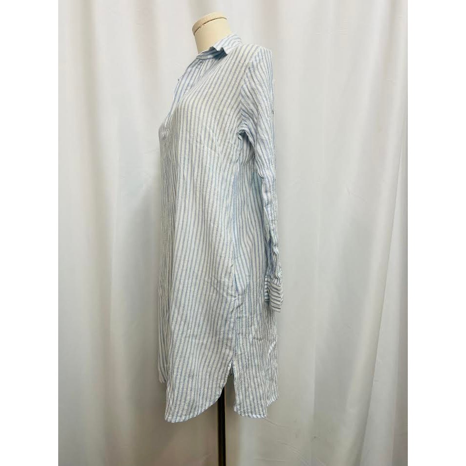 New! Pour Les Femmes Linen Shirt Dress Blue White Cotton Stripe Small — image 2 of 6